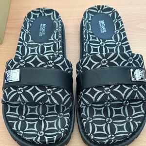 MICHAEL Michael Kors Black & White Geometric Slide Sandals
